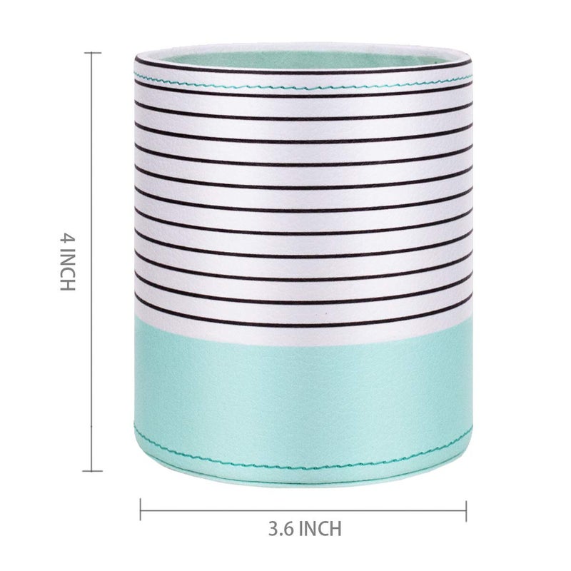 WAVEYU Pen Holder, Pencil Cup Pot Desk Organizer Multi Purpose Use Cute for Adults Kids Luxury Leather Makeup Brush Holder for Home, Office, Classroom, Stripes Mint Green - Image 2
